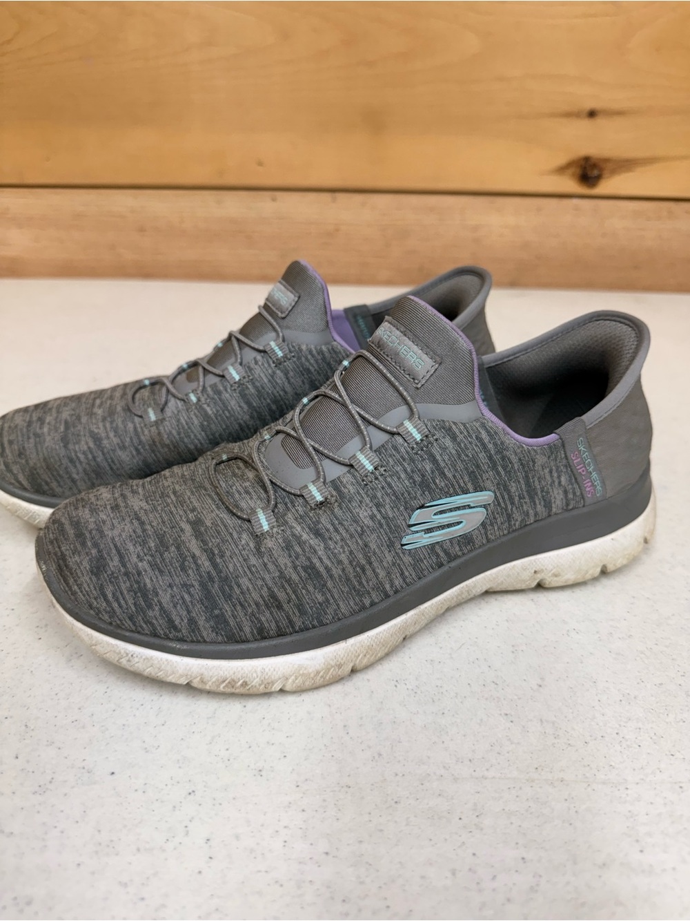 Skechers Gray Slip-On Sneakers with Teal and Purple Trim
